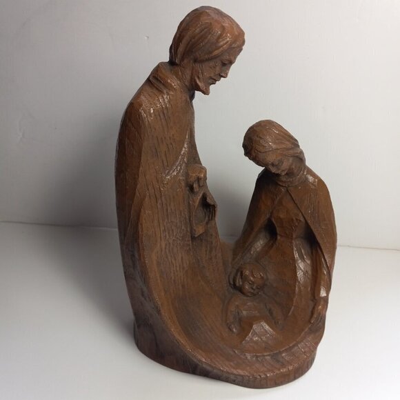 Holy Family Religious Woodgrain Statuette Vintage Resin Dk. Mid Century 1960s - Picture 1 of 9